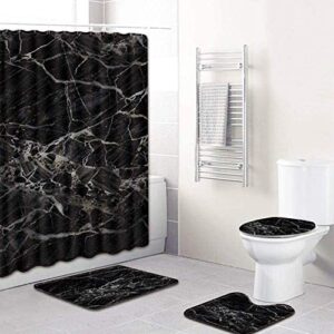 marble shower curtain with bath mats sets, 4 pcs washable bathroom décor set with toilet lid cover, non-slip rugs, absorbent pedestal pads and waterproof shower curtains with hooks (gray+black)