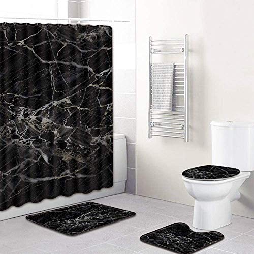 Marble Shower Curtain with Bath Mats Sets, 4 Pcs Washable Bathroom Décor Set with Toilet Lid Cover, Non-Slip Rugs, Absorbent Pedestal Pads and Waterproof Shower Curtains with Hooks (Gray+Black)