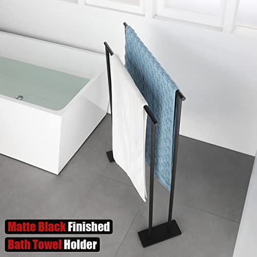 JQK Bath Towel Bar Free Standing Black, 30 Inch Stand Double Towel Rack Holder Shelf for Bathroom Floor, Matte Black, BTH120L30-PB