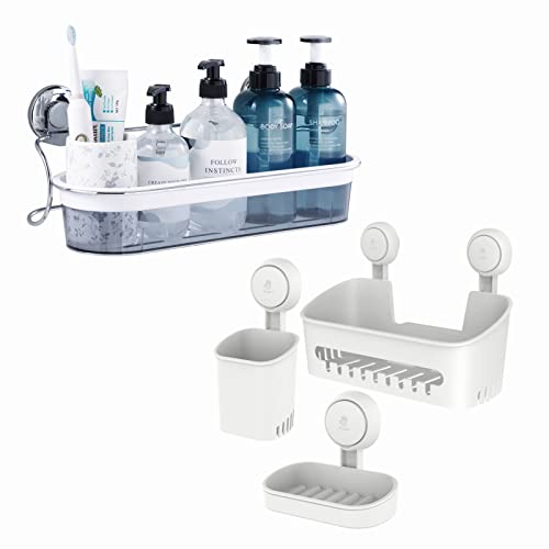 LEVERLOC Shower Caddy Suction Cup Set NO-Drilling Extended Chromed & Plastic Bathroom Caddy Shower Shelf Suction Basket Powerful Heavy Duty Waterproof Shower Organizer for Bathroom & Kitchen