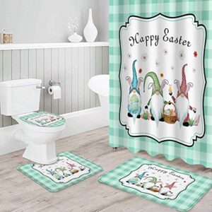 onehoney shower curtain sets 4 pieces with non-slip rugs easter gnome with spring flowers and eggs,waterproof bathroom curtains, teal buffalo plaid decor bath mat, toilet lid cover and floor door mat