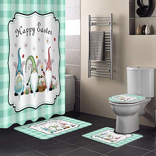 OneHoney Shower Curtain Sets 4 Pieces with Non-Slip Rugs Easter Gnome with Spring Flowers and Eggs,Waterproof Bathroom Curtains, Teal Buffalo Plaid Decor Bath Mat, Toilet Lid Cover and Floor Door Mat