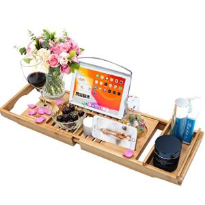 bamboo bathtub caddy tray, expandable bath tray for luxury bath, wooden tub tray with reading rack or tablet holder, phone & wine glass holder