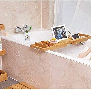 Bamboo Bathtub Caddy Tray, Expandable Bath Tray for Luxury Bath, Wooden Tub Tray with Reading Rack or Tablet Holder, Phone & Wine Glass Holder