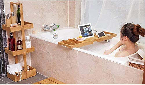 Bamboo Bathtub Caddy Tray, Expandable Bath Tray for Luxury Bath, Wooden Tub Tray with Reading Rack or Tablet Holder, Phone & Wine Glass Holder