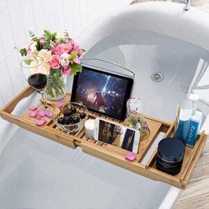 Bamboo Bathtub Caddy Tray, Expandable Bath Tray for Luxury Bath, Wooden Tub Tray with Reading Rack or Tablet Holder, Phone & Wine Glass Holder