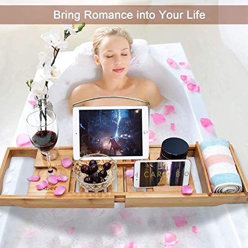 Bamboo Bathtub Caddy Tray, Expandable Bath Tray for Luxury Bath, Wooden Tub Tray with Reading Rack or Tablet Holder, Phone & Wine Glass Holder