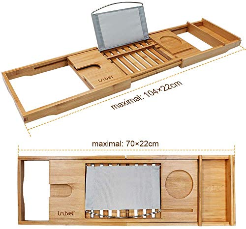 Bamboo Bathtub Caddy Tray, Expandable Bath Tray for Luxury Bath, Wooden Tub Tray with Reading Rack or Tablet Holder, Phone & Wine Glass Holder