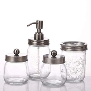 ainekui mason jar bathroom accessories set 4 pcs, lotion soap dispenser, toothbrush holder, 2 cotton swab jars, suitable for home decoration in bathroom and kitchen
