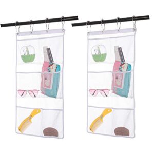 bsagve 2 pack mesh hanging caddy organizer with 6 pockets, shower curtain rod liner hanging organizer storage pockets bathroom hanger organizer, bath toy holder organizer with portable 4 rings