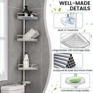 Giantex Shower Caddy Tension Pole - Bathroom Shower Organizer Rustproof Aluminum Rack w/ 3 Storage Baskets & 1 Soap Tray, 4-Tier Shower Shelf for Bathtub Shampoo Accessories, 5 to 9 ft Height, Silver