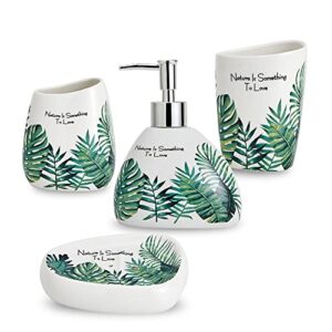 coffeezone irregular shape bathroom accessories set, 4 piece tropical leaves design ceramic bath accessory set with soap pump dispenser, toothbrush holder, tumbler & soap dish