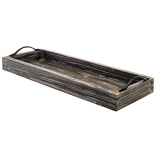 MyGift 16 Inch Rustic Torched Wood Toilet Tank Tray Organizer Storage Countertop Jewelry and Vanity Tray with Black Metal Handles