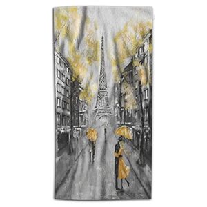 wondertify city landscape hand towel paris france eiffel tower couple umbrella street hand towels for bathroom, hand & face washcloths 15x30 inches black white yellow