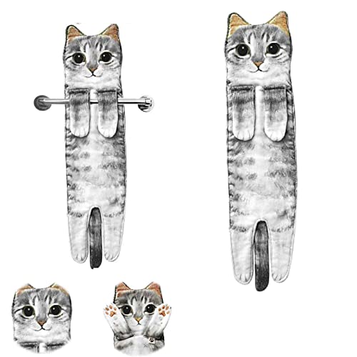 Yeikbuxa Cat Hand Towels for Bathroom Kitchen, Soft and Absorbent, Cat Gifts Cute Decorative Cat Decor Hanging Washcloths Face Towels, Funny Gifts for Cat Lovers（Grey）