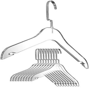 clear acrylic clothes hangers - 10 pack stylish and heavy duty closet organizer with silver chrome plated steel hooks - non-slip notches for suit jacket, sweater, blouse, and dress - by designstyles