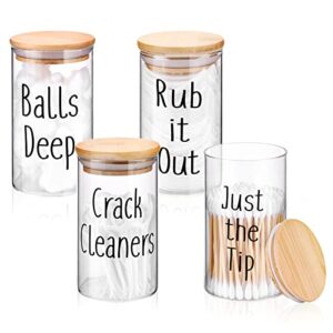 jspupifip 4 pack glass qtip holder dispenser,10 oz apothecary jars set with lids bamboo bathroom accessories farmhouse bathroom canister storage organization for cotton swabs vanity makeup organizer