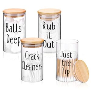 Jspupifip 4 Pack Glass Qtip Holder Dispenser,10 Oz Apothecary Jars Set with Lids Bamboo Bathroom Accessories Farmhouse Bathroom Canister Storage Organization for Cotton Swabs Vanity Makeup Organizer