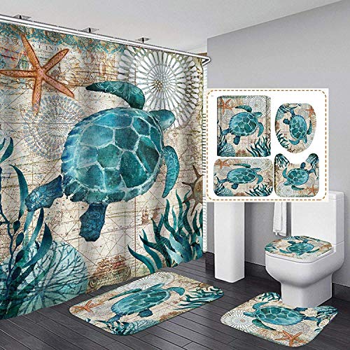 4PCS Underwater World Shower Curtain Sets with Non-Slip Rugs, Toilet Lid Cover and Bath Mat, Nautical Ocean Shower Curtains with 12 Hook s, Durable Waterproof Bath Curtain (Turtle, Medium)