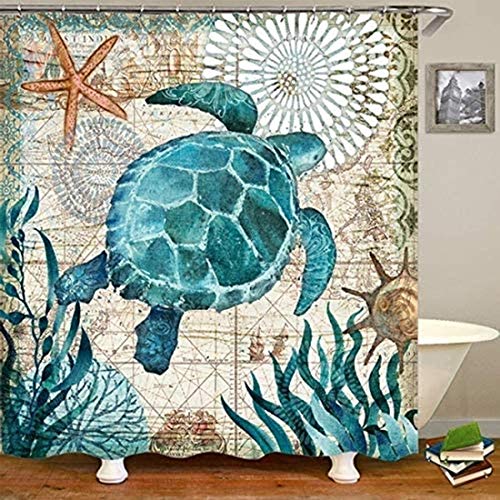 4PCS Underwater World Shower Curtain Sets with Non-Slip Rugs, Toilet Lid Cover and Bath Mat, Nautical Ocean Shower Curtains with 12 Hook s, Durable Waterproof Bath Curtain (Turtle, Medium)