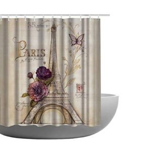 Amagical 16 Piece Vintage Paris Brown Eiffel Tower Shower Curtain Set Bathroom Mat Set Purple Flower Butterfly Bath Mat Contour Mat Toilet Cover and Shower Curtain with 12 Hooks