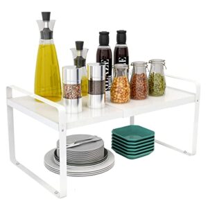 cabinet organizer shelf expandable countertop shelf, kitchen organizer desk shelf cupboard stand spice rack, over the sink shelf organization and storage for kitchen and bathroom, metal white