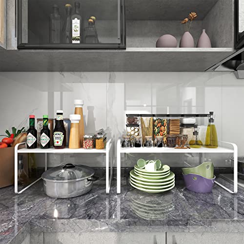 Cabinet Organizer Shelf Expandable Countertop Shelf, Kitchen Organizer Desk Shelf Cupboard Stand Spice Rack, Over the Sink Shelf Organization and Storage for Kitchen and Bathroom, Metal White