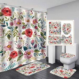 4 PCS Flower Shower Curtain Sets with Non-Slip Rugs and Toilet Lid Cover Rose Colorful Floral Leaf Bath Decor Shower Curtains 72"x 72" with 12 Hooks Durable Waterproof for Bathroom