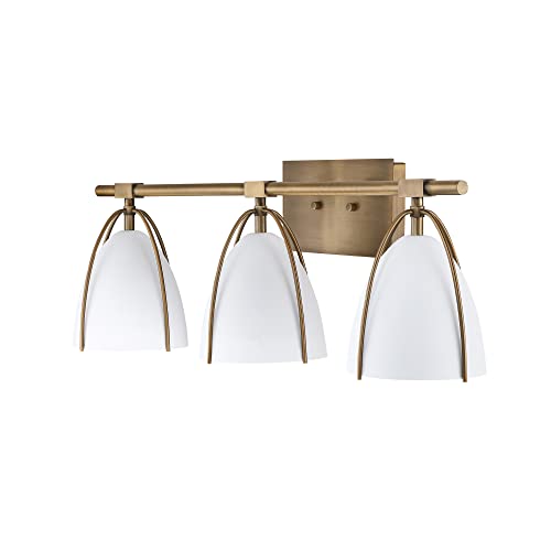 Nathan James Aubrey 3-Lights Farmhouse Wall Light Fixture, Bathroom Vanity Light with Brass Metal Frame and Gold and White Cage Shades for Bathroom and Vanity, Gold Brass/White