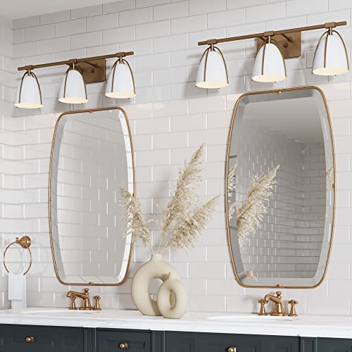 Nathan James Aubrey 3-Lights Farmhouse Wall Light Fixture, Bathroom Vanity Light with Brass Metal Frame and Gold and White Cage Shades for Bathroom and Vanity, Gold Brass/White