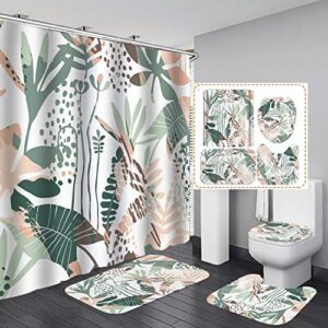 4 pcs green flower shower curtain sets with non-slip rugs and toilet lid cover rose floral leaf bath decor shower curtains 72"x 72" with 12 hooks durable waterproof for bathroom