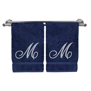 monogrammed hand towel, personalized gift, 16 x 30 inches - set of 2 - silver embroidered towel - extra absorbent 100% turkish cotton- soft terry finish - for bathroom, kitchen and spa- script m navy