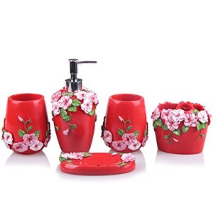 5-piece resin bathroom accessory set with soap dish, dispenser, toothbrush holder and tumbler, red