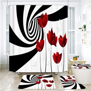valentine's day shower curtain set, 3d romantic rose style printing shower curtain carpet floor mat combination bathroom toilet mat 4 pcs (d)