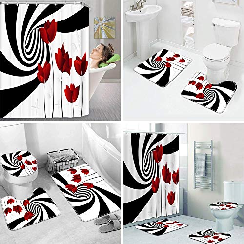 Valentine's Day Shower Curtain Set, 3D Romantic Rose Style Printing Shower Curtain Carpet Floor Mat Combination Bathroom Toilet Mat 4 PCS (D)