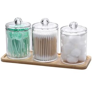 lovebb 3 pcs qtip holder with tray, plastic bathroom containers dispenser cotton ball, cotton pads, cotton swabs, floss organizers canisters with lids