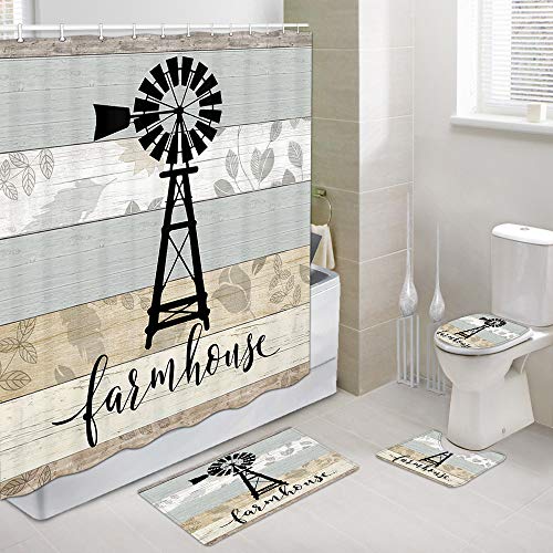 JAWO Farmhouse Shower Curtain Sets with Non-Slip Rugs, Toilet Lid Cover and Bath Mat, Vintage Windmill on Rustic Wooden Plank Country Wooden Plank Shower Curtain with 12 Hooks