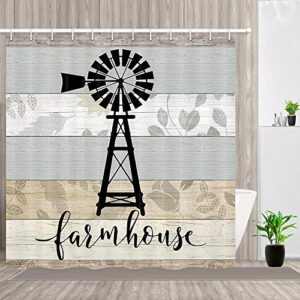 JAWO Farmhouse Shower Curtain Sets with Non-Slip Rugs, Toilet Lid Cover and Bath Mat, Vintage Windmill on Rustic Wooden Plank Country Wooden Plank Shower Curtain with 12 Hooks