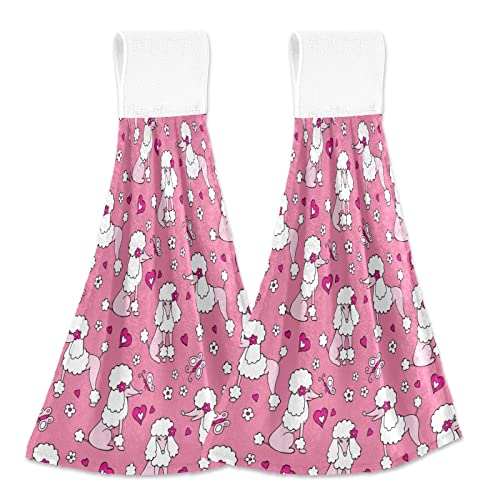 HJJKLLP Pink Poodle Hand Towel Kitchen 2 Pack, Hanging Tie Towels with Loop for Bathroom Absorbent Dish Towel Washcloth