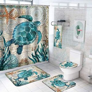nautical 5 pcs sea turtle shower curtain set with rugs and towels include non-slip rugs, toilet lid cover and bath mat ocean waterproof shower curtain sets with 12 hooks