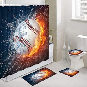 jawo baseball shower curtain set, water fire baseball sports decor bathroom sets with shower curtain and rugs and accessories 12 hooks