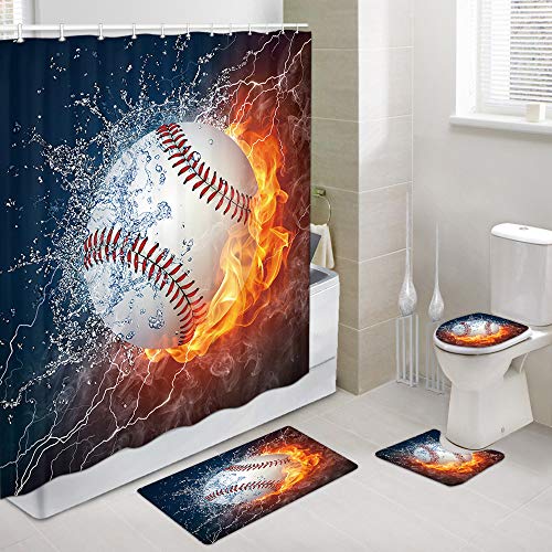 JAWO Baseball Shower Curtain Set, Water Fire Baseball Sports Decor Bathroom Sets with Shower Curtain and Rugs and Accessories 12 Hooks