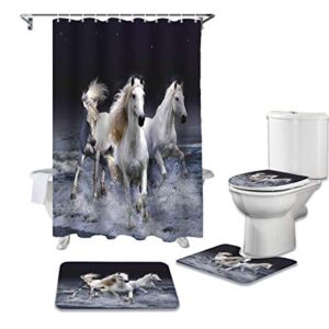 ezon-ch crazy 3d white horse animal pattern 4 pieces shower curtain sets with non-slip rugs, toilet lid cover, bath mat and shower curtain for bathroom decoration