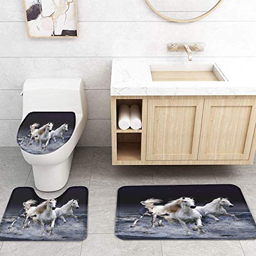 EZON-CH Crazy 3D White Horse Animal Pattern 4 Pieces Shower Curtain Sets with Non-Slip Rugs, Toilet Lid Cover, Bath Mat and Shower Curtain for Bathroom Decoration