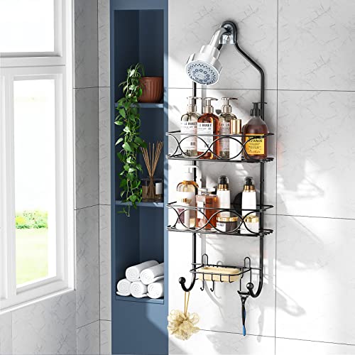 LEVERLOC Shower Caddy Over Shower Head Anti-Swing with Strong Suction Cup, Shower Organizer Hanging Rustproof with Hooks for Razor Towel and Sponge, Shower Shelf for Bathroom, Metal Black