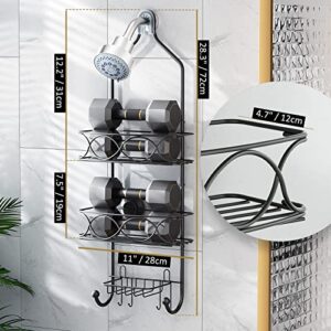 LEVERLOC Shower Caddy Over Shower Head Anti-Swing with Strong Suction Cup, Shower Organizer Hanging Rustproof with Hooks for Razor Towel and Sponge, Shower Shelf for Bathroom, Metal Black