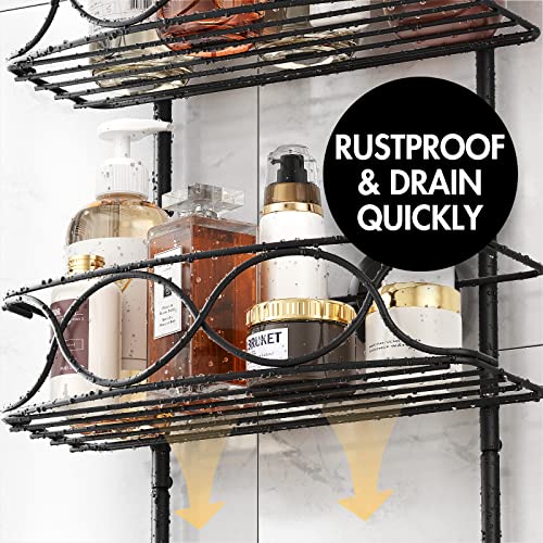 LEVERLOC Shower Caddy Over Shower Head Anti-Swing with Strong Suction Cup, Shower Organizer Hanging Rustproof with Hooks for Razor Towel and Sponge, Shower Shelf for Bathroom, Metal Black