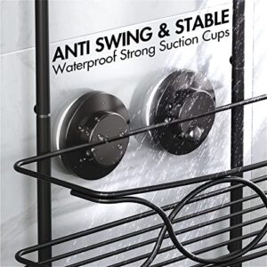 LEVERLOC Shower Caddy Over Shower Head Anti-Swing with Strong Suction Cup, Shower Organizer Hanging Rustproof with Hooks for Razor Towel and Sponge, Shower Shelf for Bathroom, Metal Black