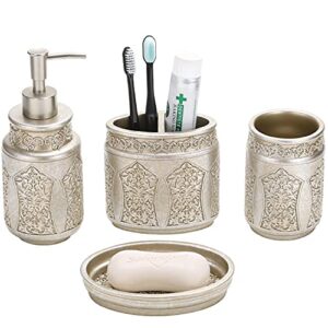 mygift 4 piece vintage silver embossed pattern bathroom accessory set with soap dish, tumbler, toothbrush holder, and liquid soap/lotion pump dispenser