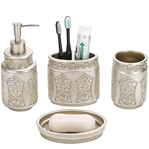 MyGift 4 Piece Vintage Silver Embossed Pattern Bathroom Accessory Set with Soap Dish, Tumbler, Toothbrush Holder, and Liquid Soap/Lotion Pump Dispenser